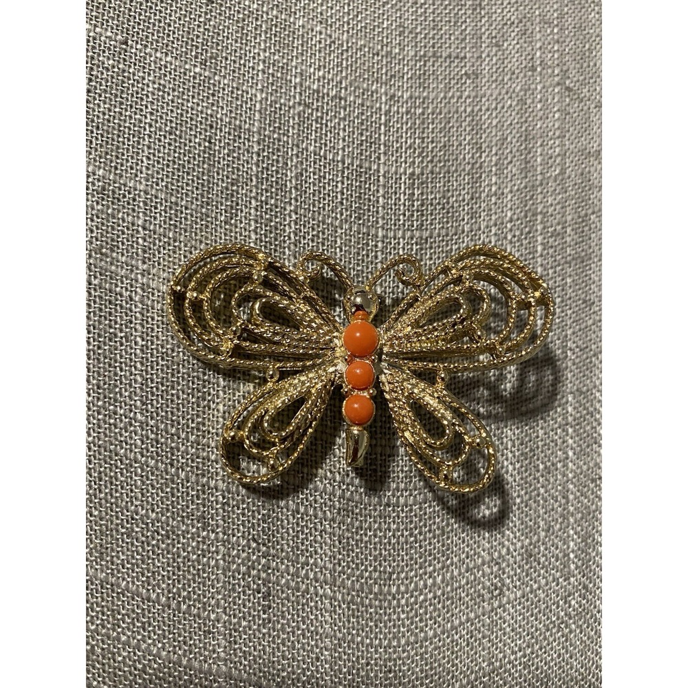 Vintage 1980's Jewelry GERRY'S Orange Faux Coral Beads Butterfly Pin Brooch.